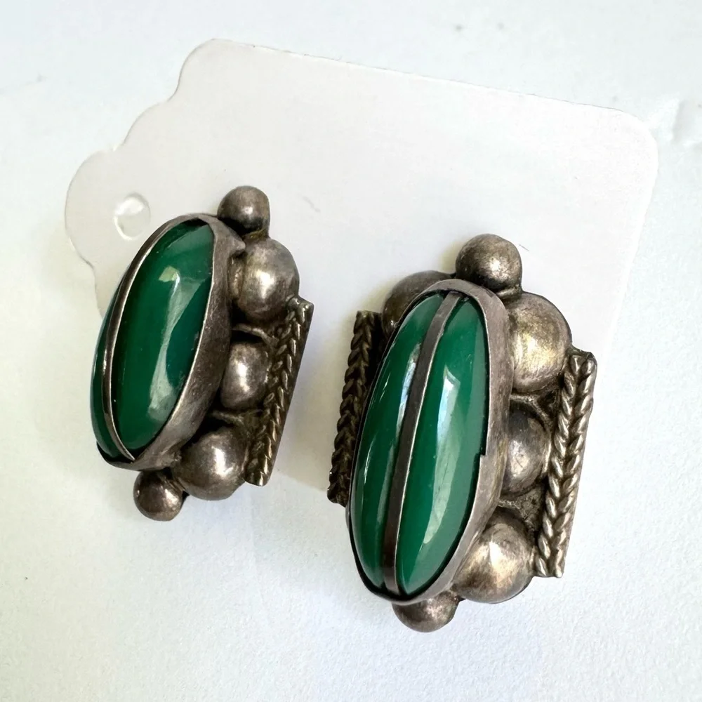 Vintage Green Onyx Earrings Sterling Silver Screw Back‎ 925 Alpaca Mexico Signed